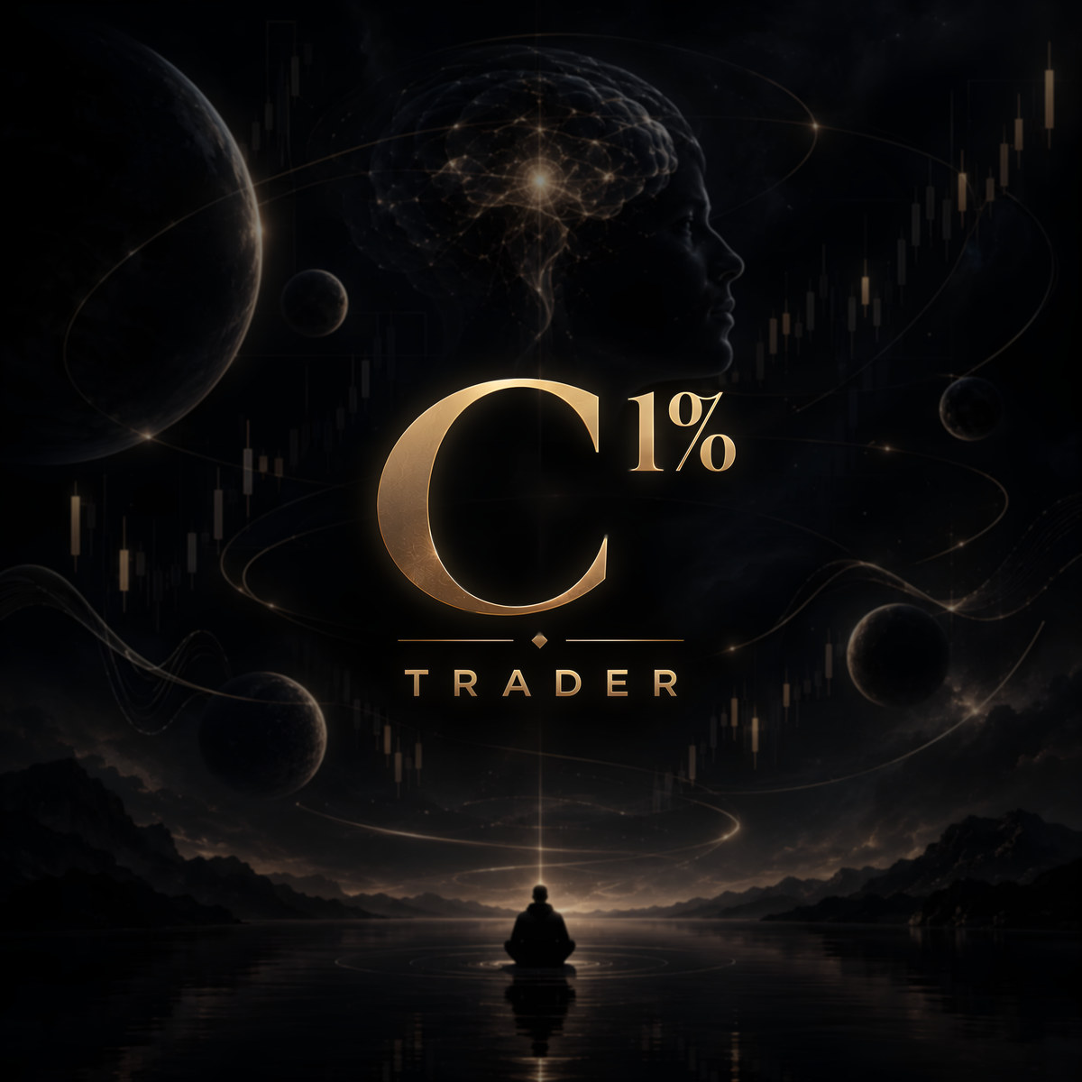 Logo de C 1% Trader: la marca C 1% TRADER sobre un cosmos dorado, con un trader que medita sobre un lago.